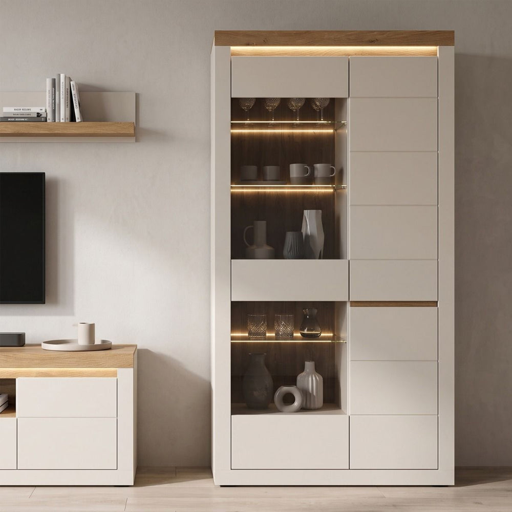 Naxxar Tall Display Cabinet 2 Doors in Cashmere and Stone Oak