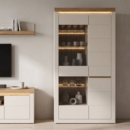Naxxar Tall Display Cabinet 2 Doors in Cashmere and Stone Oak