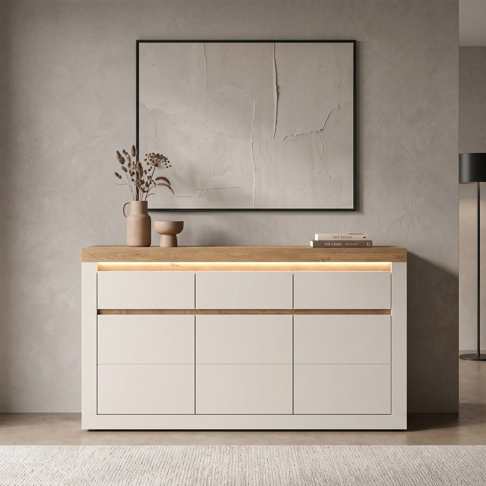 Naxxar Wooden Sideboard 3 Doors and 3 Drawers in Cashmere & Stone Oak
