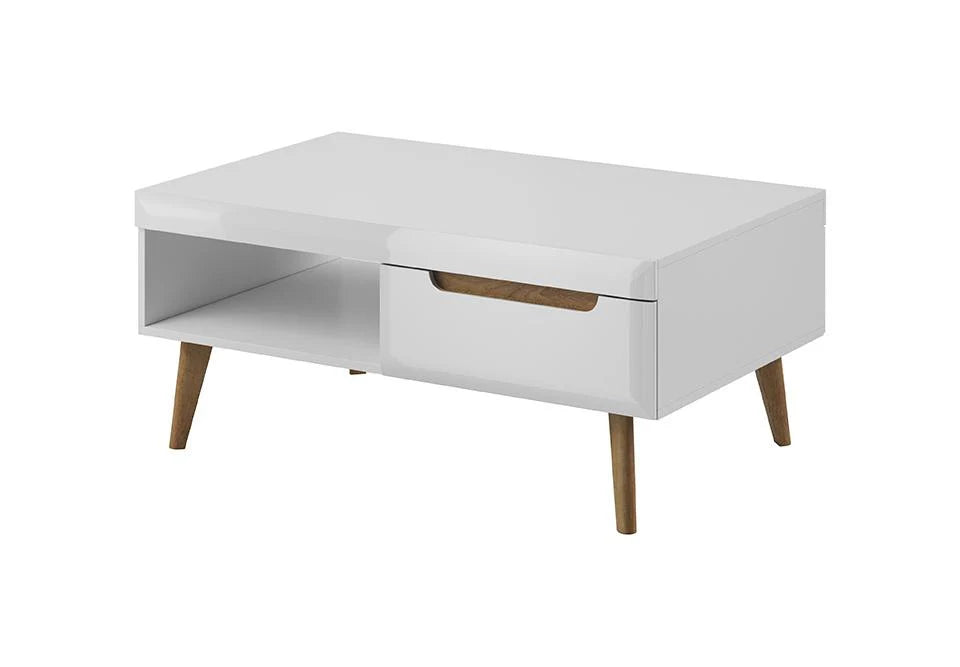 Nordi Wooden Coffee Table in White Matt carcass and White High Gloss with Oak Riviera decor and legs - 107cm