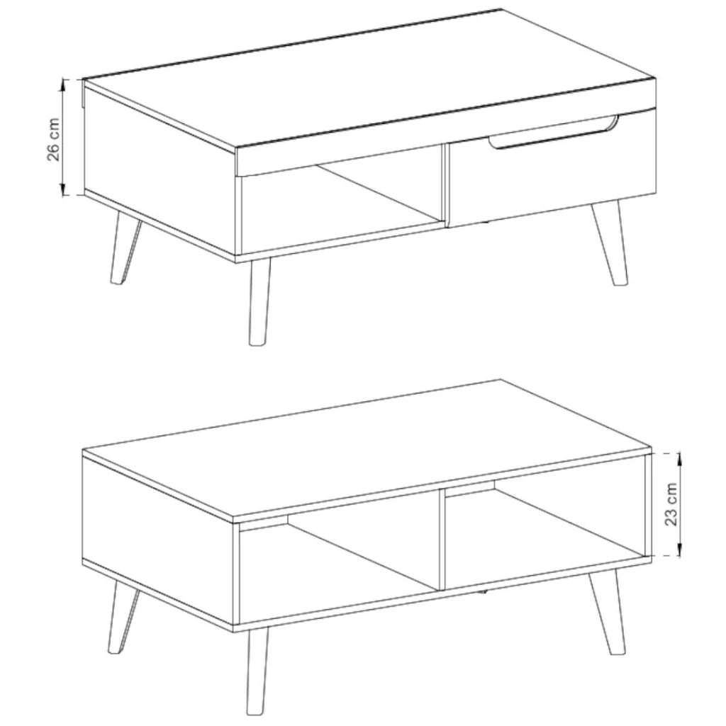 Nordi Wooden Coffee Table in White Matt carcass and White High Gloss with Oak Riviera decor and legs - 107cm