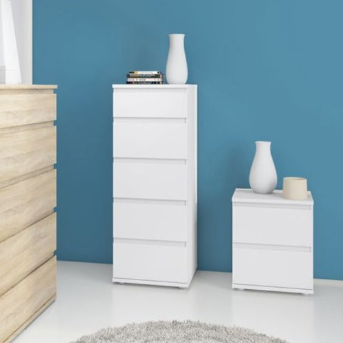 Nova Narrow Chest of 5 Drawers in White - UK