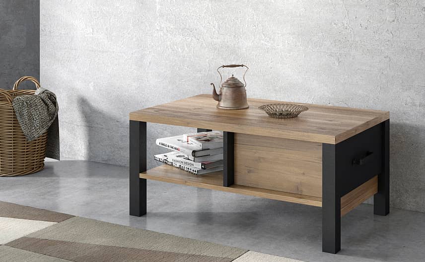 Olin Wooden Coffee Table in Appenzeller Fichte Oak and Black Matt - 56cm