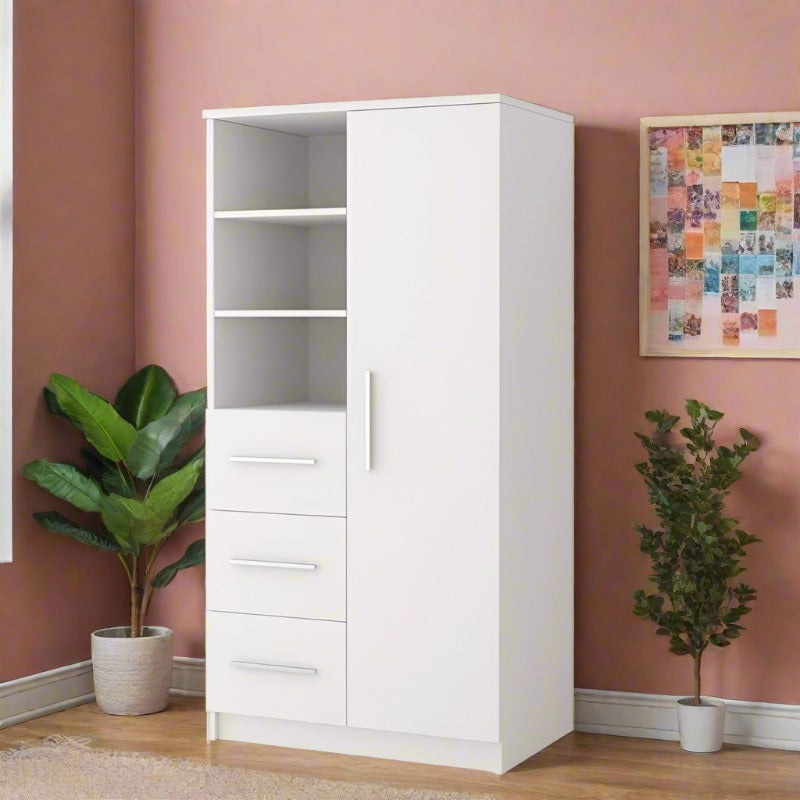 Omega Tall Wide Cabinet in Matt White with 5 Shelves, 1 Hinged Door, 3 Drawers - 80cm wide - UK