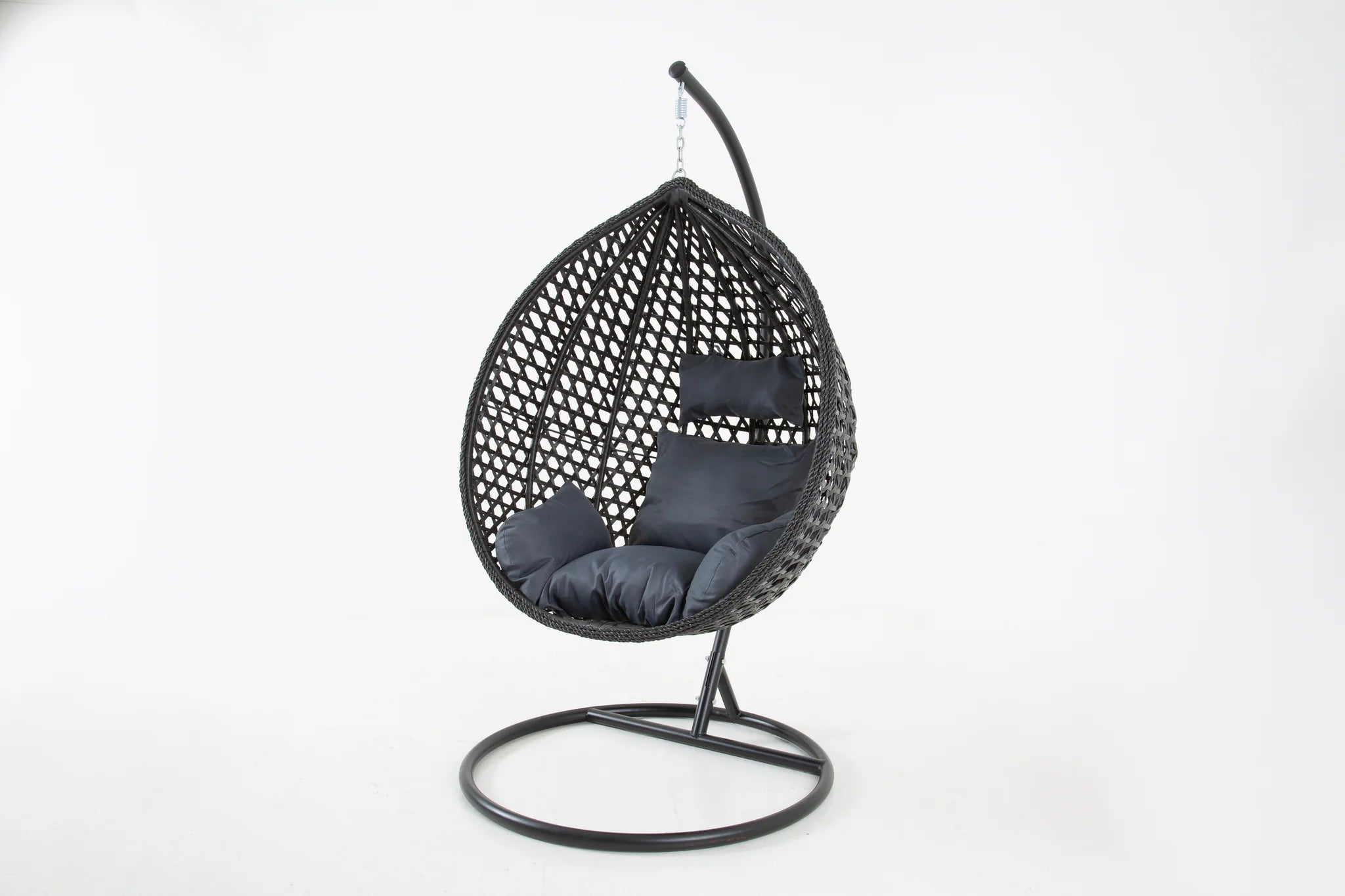 Onyx Large Hanging Swing Pod Egg Chair with deep Grey Cushions in Black