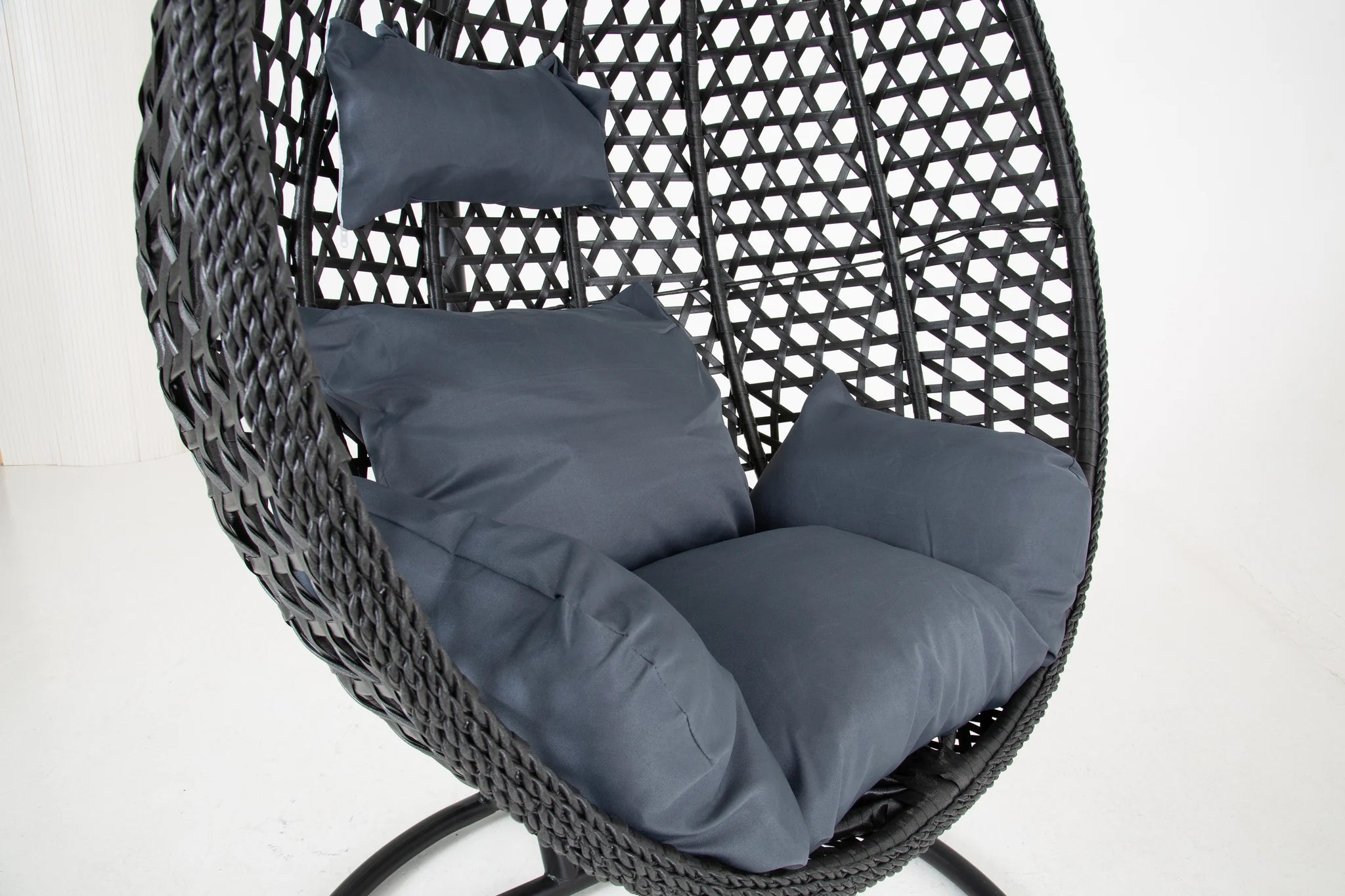 Onyx Large Hanging Swing Pod Egg Chair with deep Grey Cushions in Black