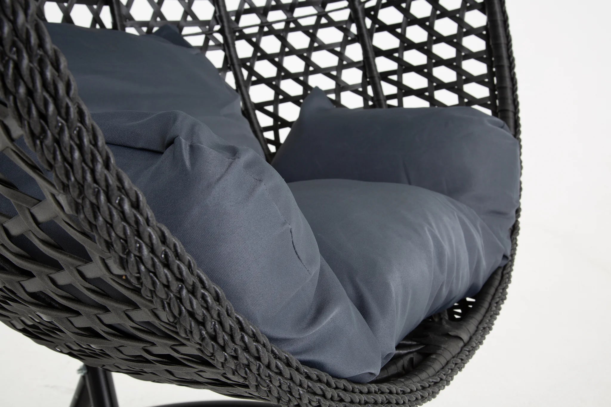 Onyx Large Hanging Swing Pod Egg Chair with deep Grey Cushions in Black