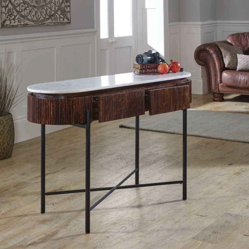 Opal Mango Wood Console Table With Marble Top And Metal Legs - UK