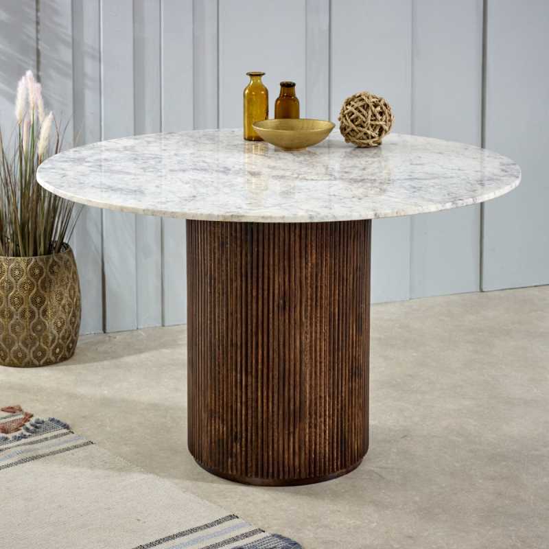 Opal Mango Wood Dining Table Round With Marble Top - UK