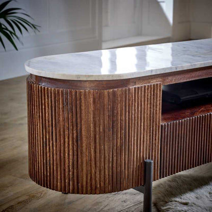 Opal Mango Wood Large Tv Stand With Marble Top & Metal Legs - UK