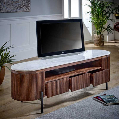 Opal Mango Wood Large Tv Stand With Marble Top & Metal Legs - UK