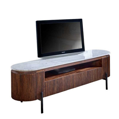 Opal Mango Wood Large Tv Stand With Marble Top & Metal Legs - UK