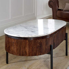 Opal Mango Wood Rectangular Fluted Coffee Table With Marble Top & Metal Legs -UK