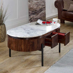 Opal Mango Wood Rectangular Fluted Coffee Table With Marble Top & Metal Legs -UK