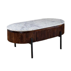 Opal Mango Wood Rectangular Fluted Coffee Table With Marble Top & Metal Legs -UK
