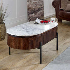 Opal Mango Wood Rectangular Fluted Coffee Table With Marble Top & Metal Legs -UK