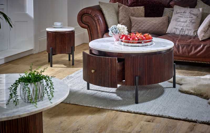 Opal Mango Wood Round Fluted Coffee Table With Marble Top & Metal Legs - UK