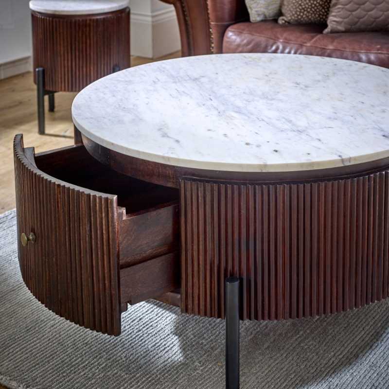 Opal Mango Wood Round Fluted Coffee Table With Marble Top & Metal Legs - UK