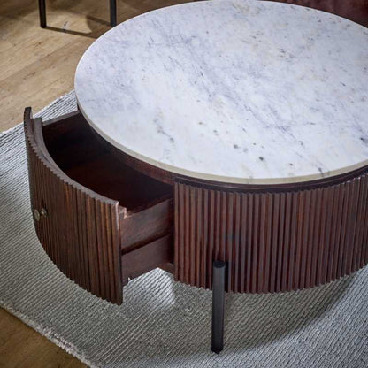 Opal Mango Wood Round Fluted Coffee Table With Marble Top & Metal Legs - UK
