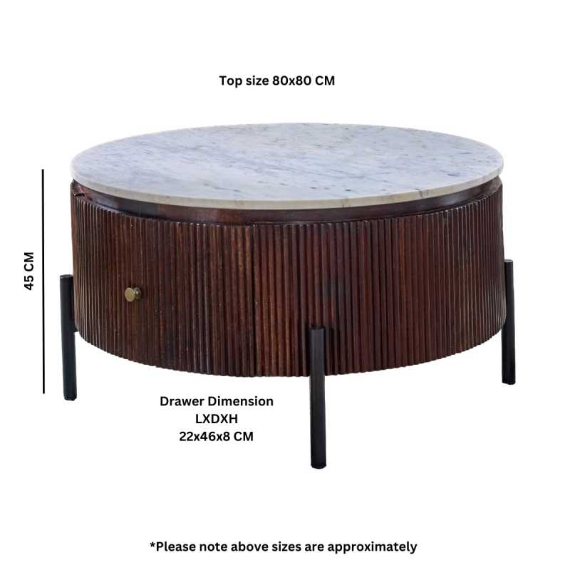 Opal Mango Wood Round Fluted Coffee Table With Marble Top & Metal Legs - UK