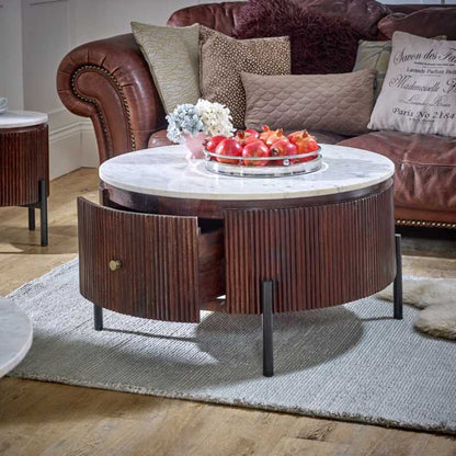 Opal Mango Wood Round Fluted Coffee Table With Marble Top & Metal Legs - UK