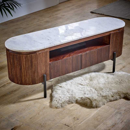 Opal Mango Wood TV Stand With  Marble Top & Metal Legs - UK