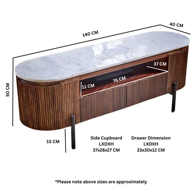 Opal Mango Wood TV Stand With  Marble Top & Metal Legs - UK