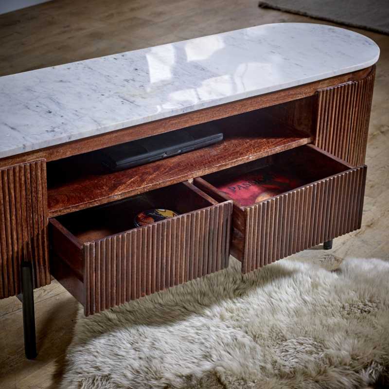 Opal Mango Wood TV Stand With  Marble Top & Metal Legs - UK