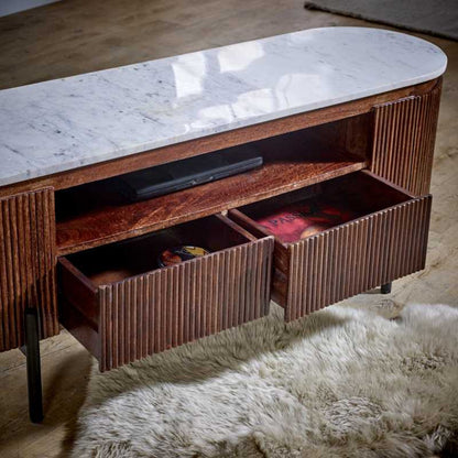 Opal Mango Wood TV Stand With  Marble Top & Metal Legs - UK