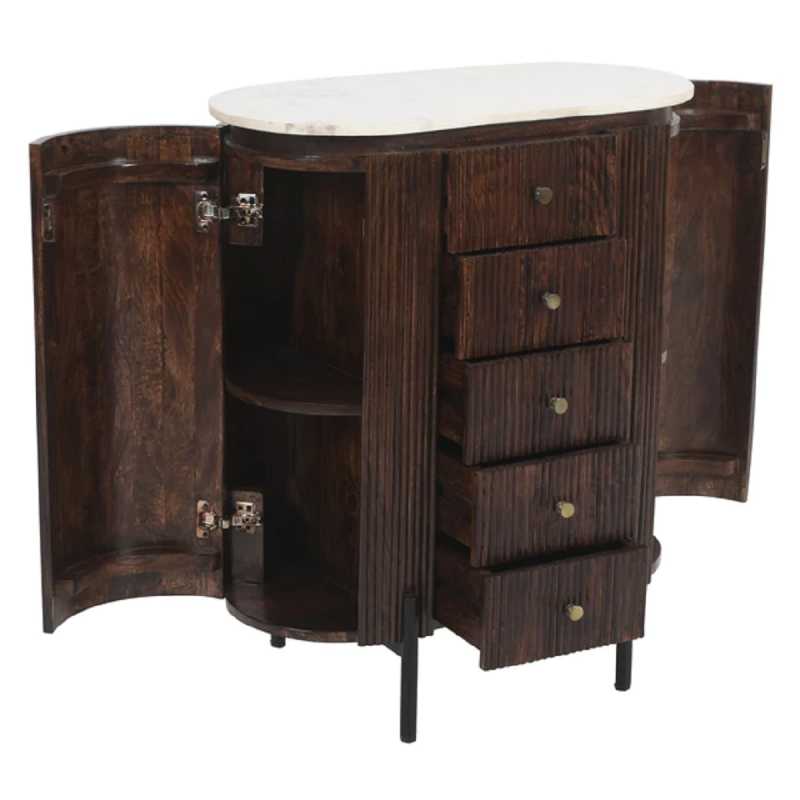 Opal Mango Wood Wide Chest Of Drawers With Marble Top & Metal Legs - UK