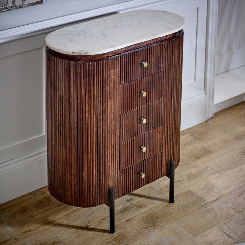 Opal Mango Wood Wide Chest Of Drawers With Marble Top & Metal Legs - UK