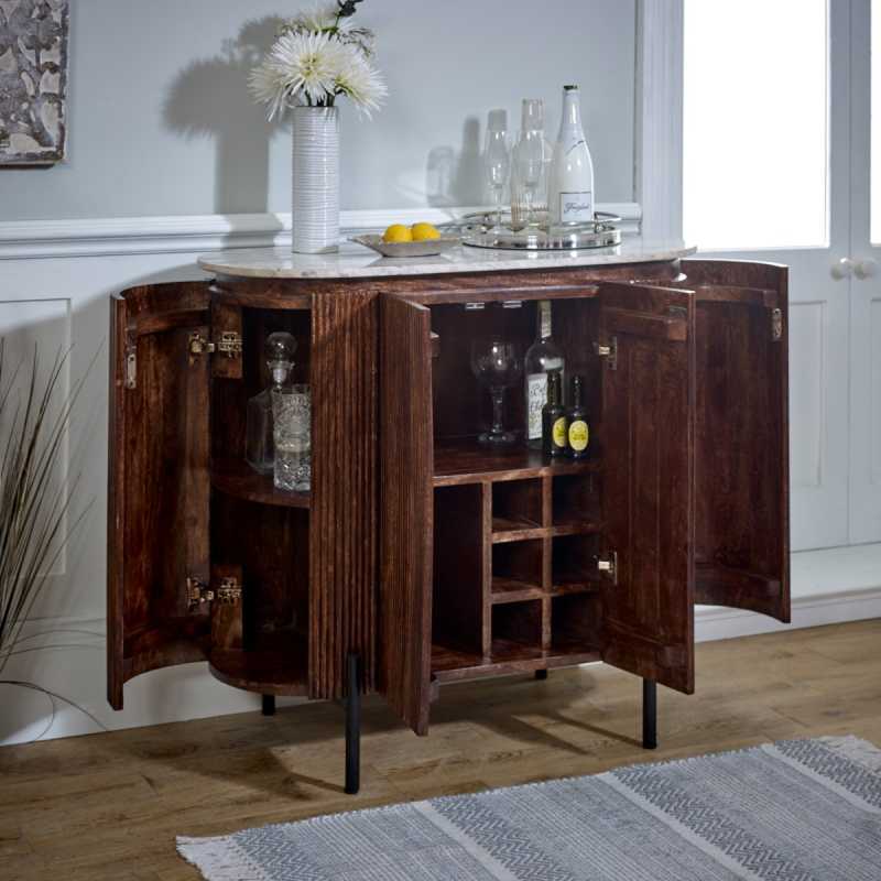 Opal Solid Wood Sideboard/Drinks Cabinet With Marble Top & Metal Legs - UK