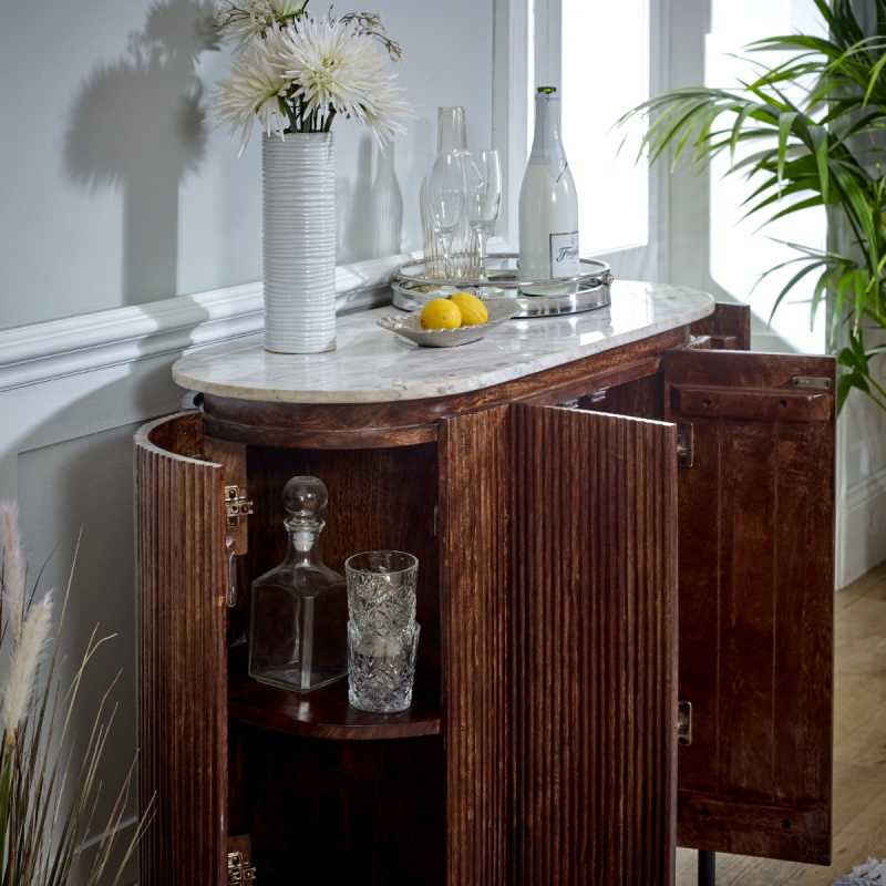 Opal Solid Wood Sideboard/Drinks Cabinet With Marble Top & Metal Legs - UK