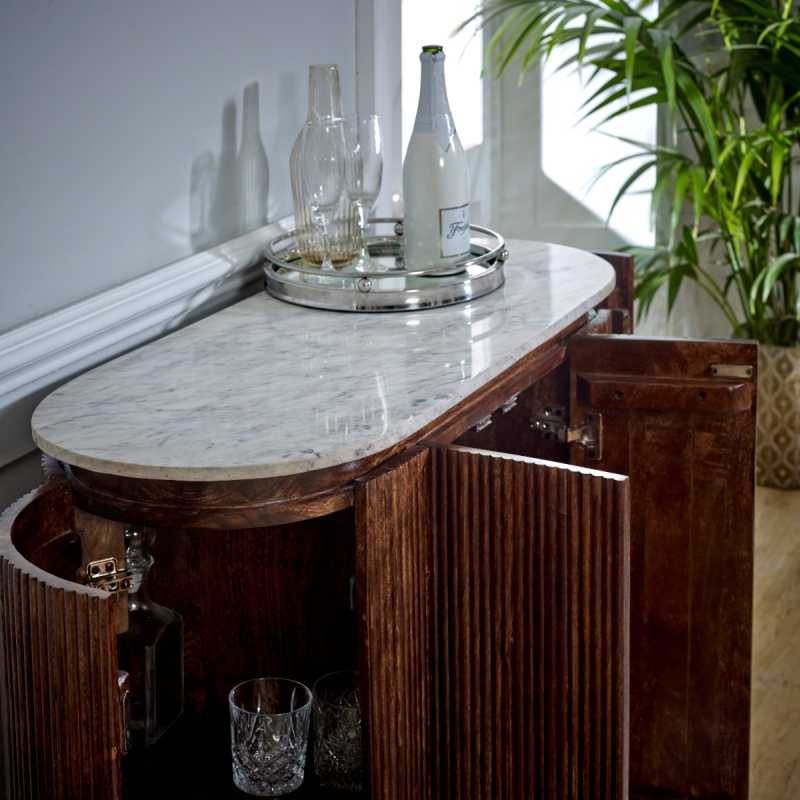 Opal Solid Wood Sideboard/Drinks Cabinet With Marble Top & Metal Legs - UK