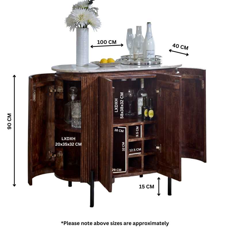 Opal Solid Wood Sideboard/Drinks Cabinet With Marble Top & Metal Legs - UK