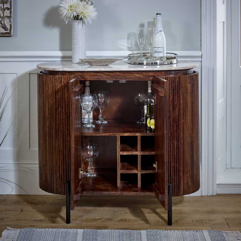 Opal Solid Wood Sideboard/Drinks Cabinet With Marble Top & Metal Legs - UK