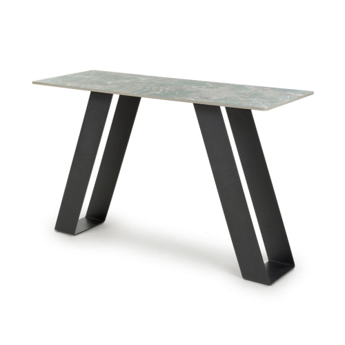 Table with a greenish-gray ceramic top and black metal legs