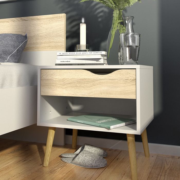 Oslo Bedside 1 Drawer in White and Oak - UK
