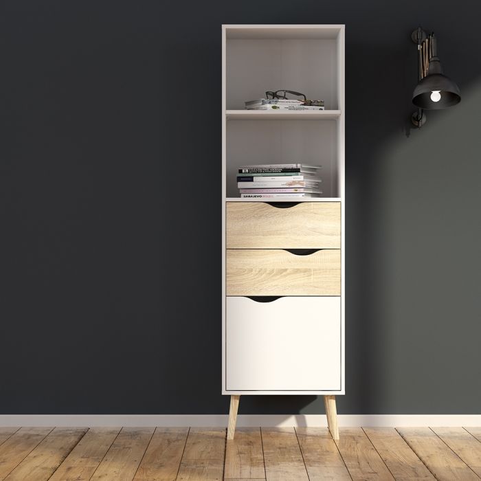 Oslo Bookcase 2 Drawers 1 Door in White and Oak - UK