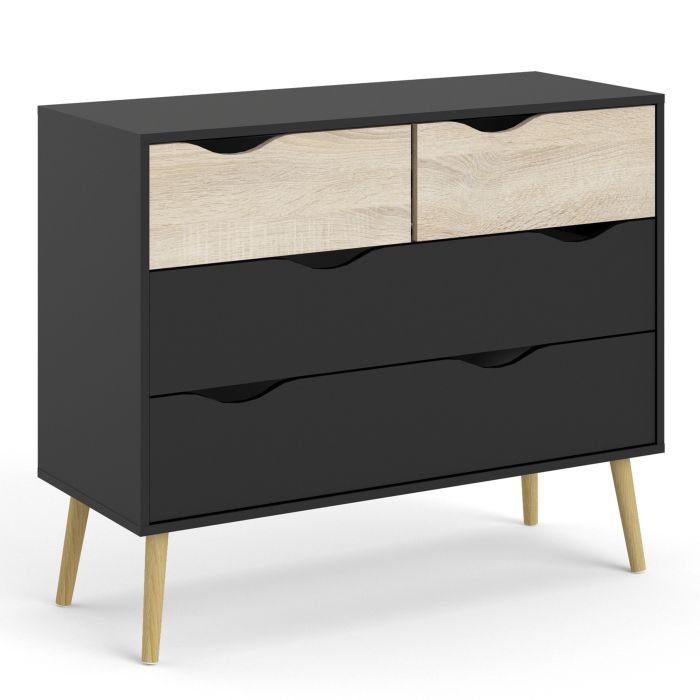 Oslo Chest of 4 Drawers (2+2) in Black and Oak - UK