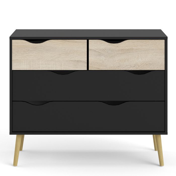 Oslo Chest of 4 Drawers (2+2) in Black and Oak - UK