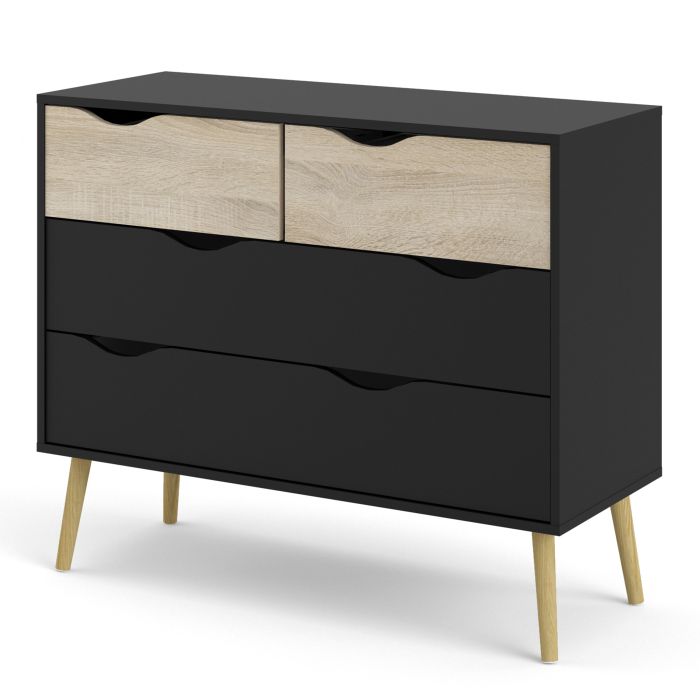 Oslo Chest of 4 Drawers (2+2) in Black and Oak - UK