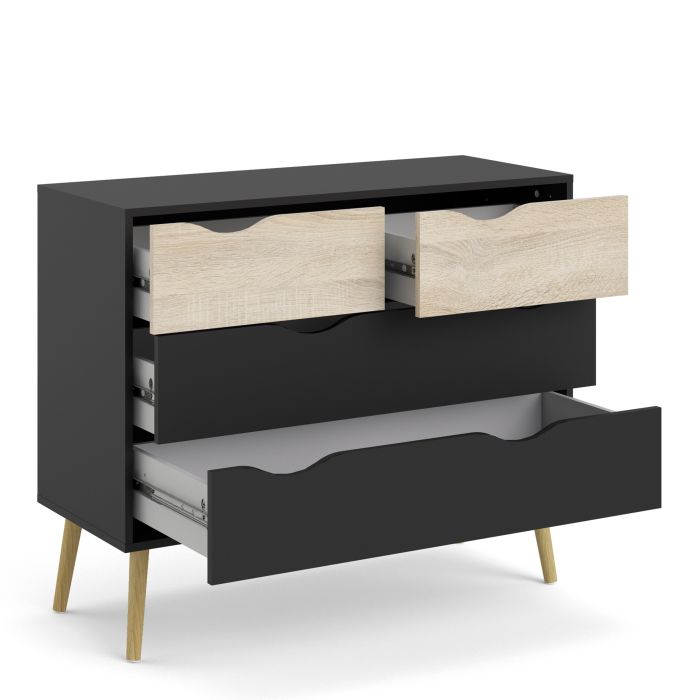 Oslo Chest of 4 Drawers (2+2) in Black and Oak - UK