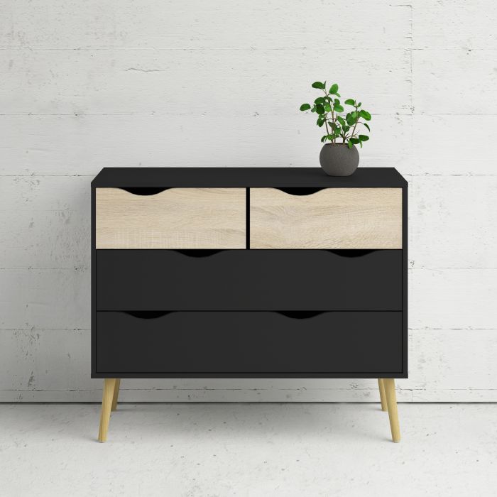 Oslo Chest of 4 Drawers (2+2) in Black and Oak - UK