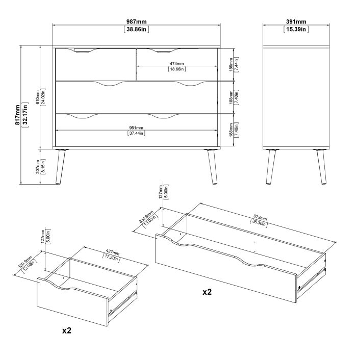 Oslo Chest of 4 Drawers (2+2) in Black and Oak - UK