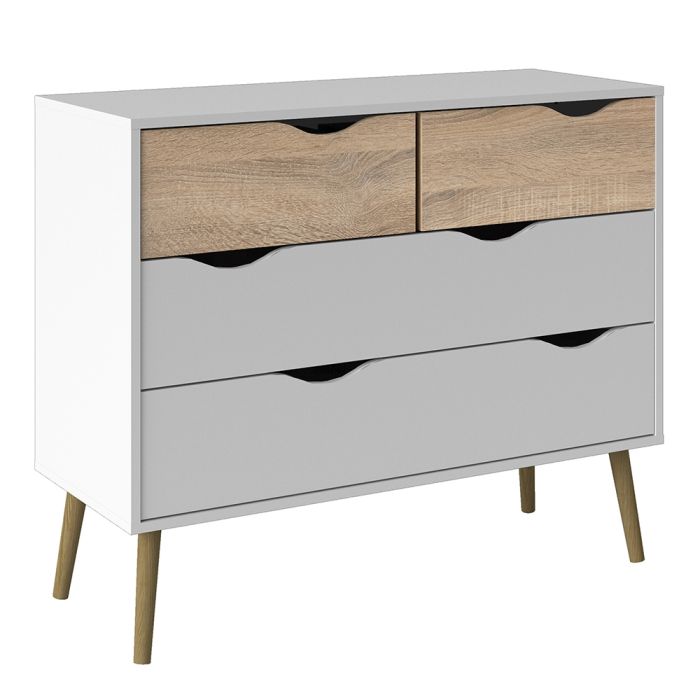 Oslo Chest of 4 Drawers (2+2) in White and Oak - UK