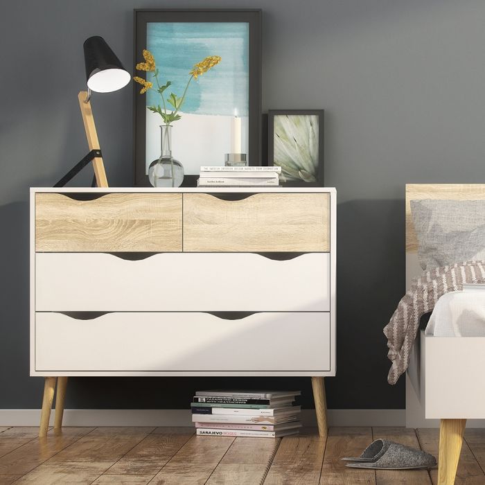 Oslo Chest of 4 Drawers (2+2) in White and Oak - UK