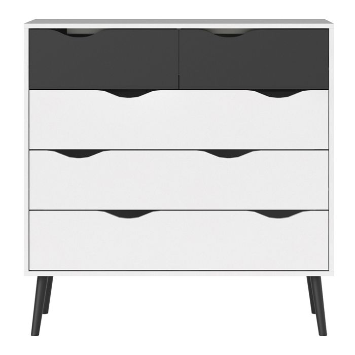 Oslo Chest of 5 Drawers (2+3) in White and Black Matt - UK