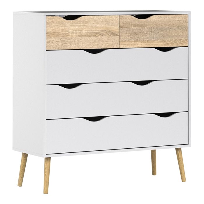 Oslo Chest of 5 Drawers (2+3) in White and Oak FSC Mix 70 % NC-COC-060652 - UK