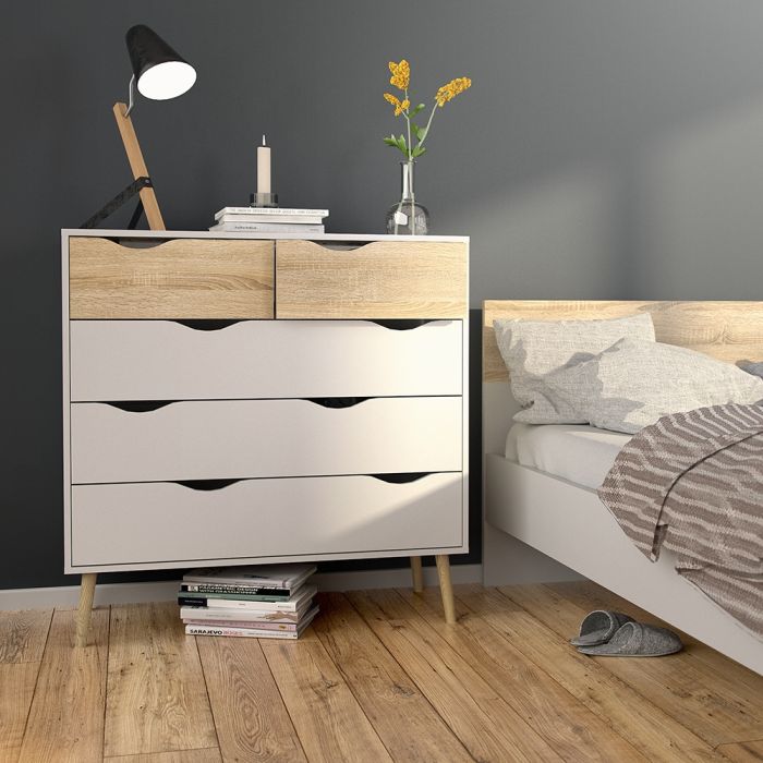 Oslo Chest of 5 Drawers (2+3) in White and Oak FSC Mix 70 % NC-COC-060652 - UK